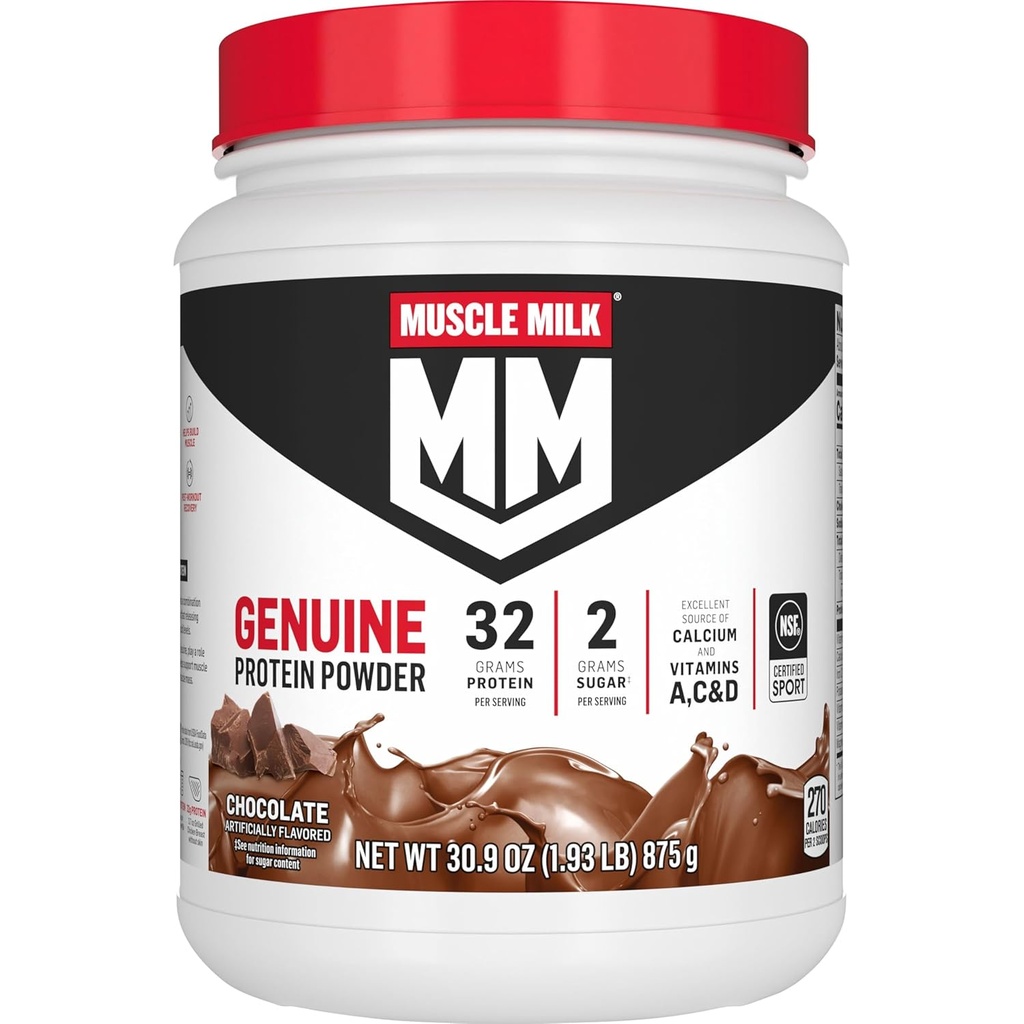 Muscle Milk Genuine Protein Powder, Chocolate, 1.93 Libras, 13 Serviciones, 32g Proteína, 2g Azúcar, Calcio, Vitaminas A, C & D, NSF certificada para Deporte, Energizante Snack, Embalaje Mayo Vary