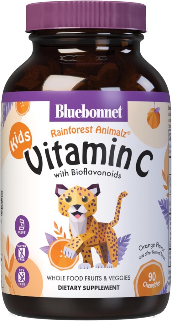Bluebonnet Nutrición Bosque lluvioso Animalz Vitamina C Forma de animales Tablas abatibles, 250 mg de vitamina C, libre de soja, libre de gluten, certificado de Kosher, libre de lácteos, vegano, 90 Tabletas, 45 Serviciones, sabor a naranja