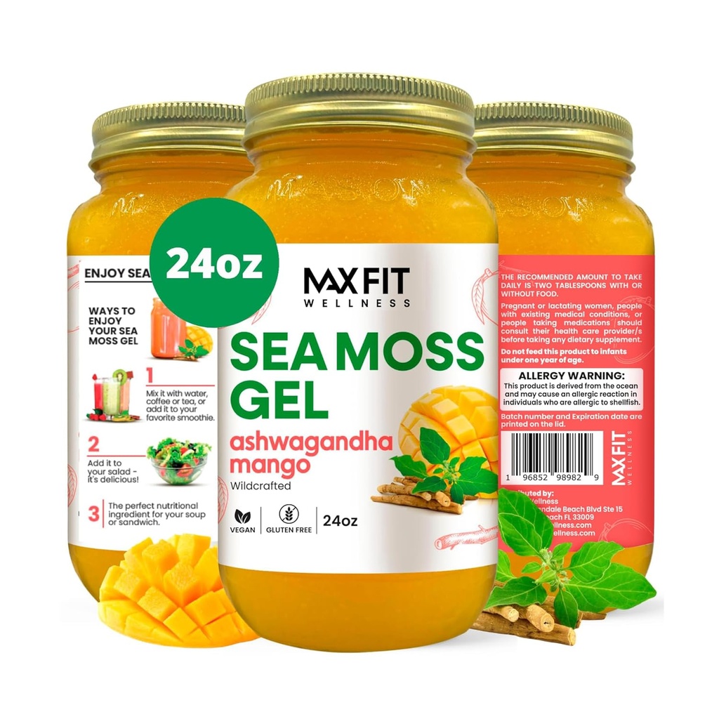 Sea Moss Gel Ashwagandha Mango (25 Sabores) 24oz Wildсrafted Gold Sea Moss Gel de Santa Lucía viv 92 Vitaminas y Minerales ← Pure Raw+Non-GMO