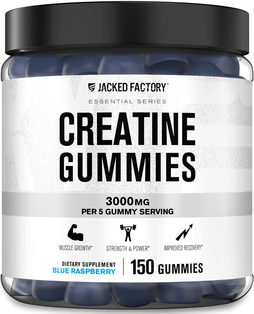 Gafas de Monohidratos de Creatina de la Fábrica de Jacked (3g) - Creatina para el crecimiento muscular, fuerza, energía mejorada y rendimiento deportivo mejorado - 150 Gummies, frambuesa azul
