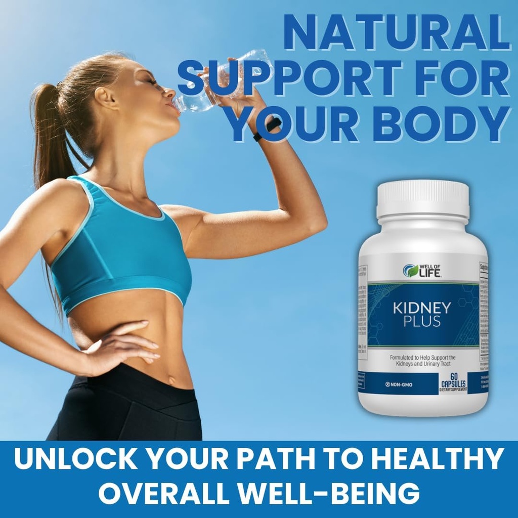 Well of Life: Kidney Plus 600mg with Cranberry Extract, Astragalus Root, Java Tea-Leaf & antioxidantes for General Well-Being, Helps Healthy Kidney Function & Urinary Tract Wellness, 60 cápsulas