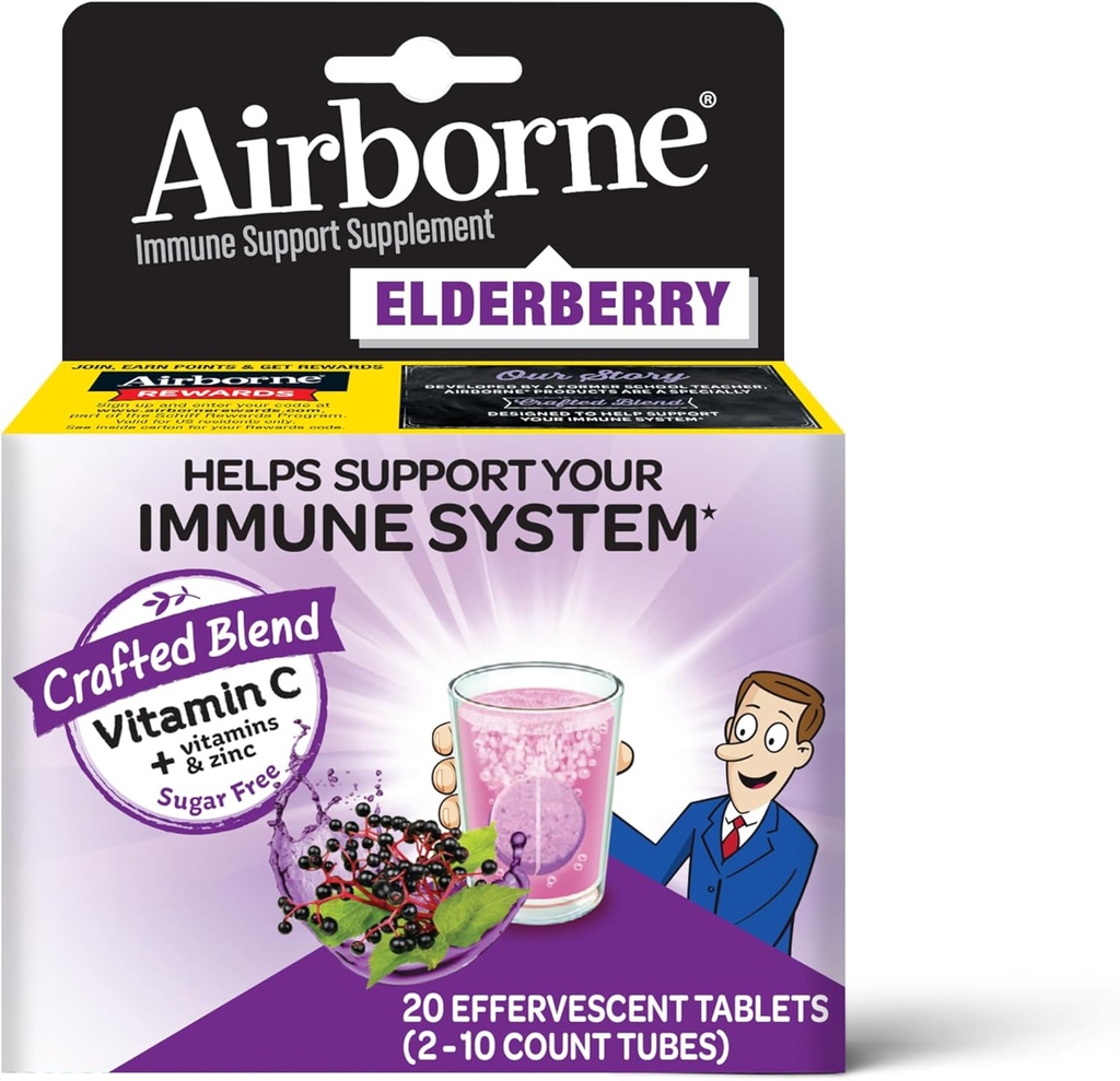 Airborne Elderberry Extract + Vitamin C 1000mg (per Serving) - Effervescent Tablets (20 Count in a Box), Gluten-Free Immune Support Supplement, with Vitamins A C E, Zinc, Selenium, Sugar Free