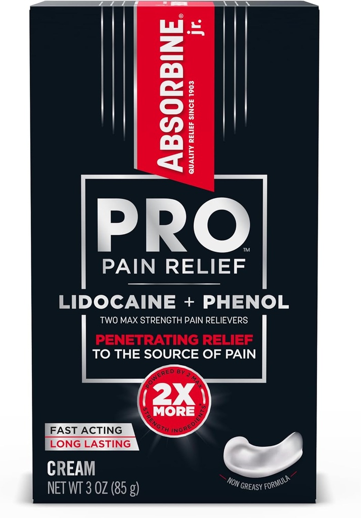ABSORBINE JR. Absorbine Jr. PRO Max Strength Lidocaine Cream, Maximum Pain Relief with Phenol for Fast-Acting of Nerve Pain, Muscle Aches, and Joint Discomfort, Non-Greasy Formula, 3oz. Tubo, 1