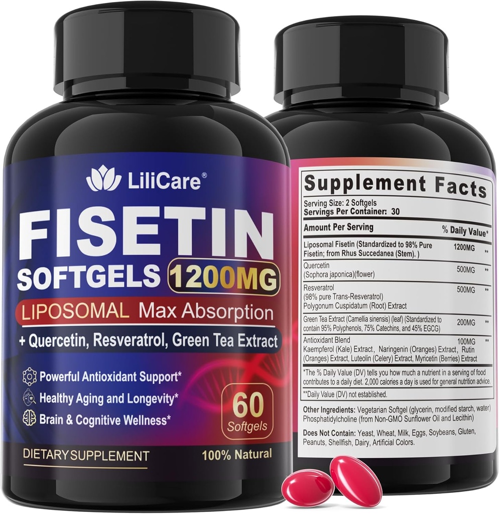 Fisetin Supplement - Liposomal Super Absorción 98% Puro 1200 mg con Quercetina, Resveratrol, Green Tea Extract for Healthy Aging &amp; Longevity, Skin Health, Brain & Antioxidant - 60 Softgels