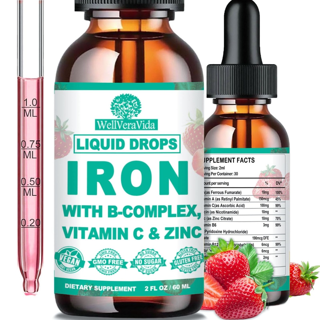 Liquid Iron Supplement w/Vitamin C, B-Complex, High Potency Iron Liquid w. Multivitamin, Vegan Iron Drops for Women, Kids, Chelate Liquid Iron Supplement for Anemia, Fatigue, Red Blood Cell Support