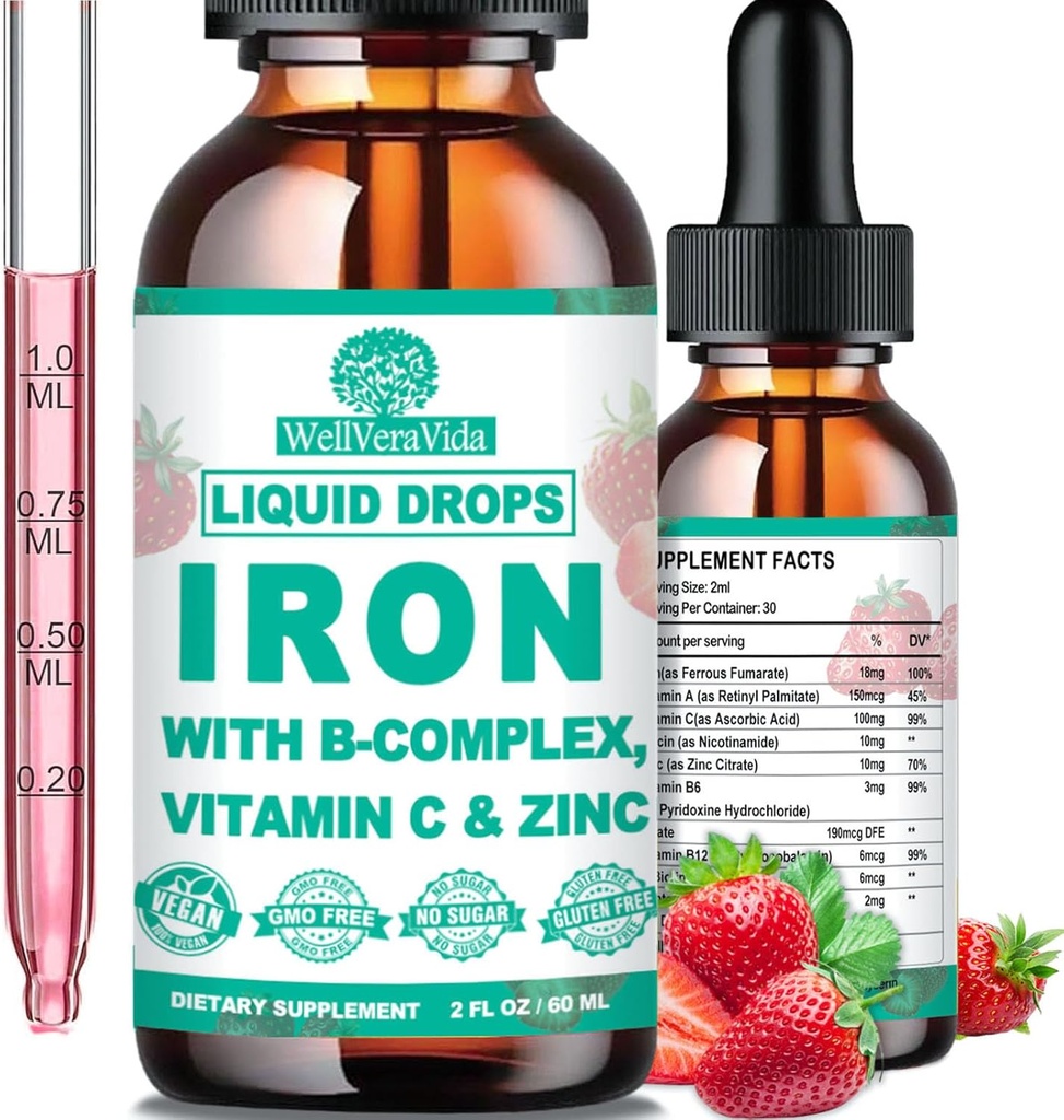 Suplemento de hierro líquido w / Vitamin C, B-Complex, Hierro de alta potencia líquido w. Multivitamina, gotas de hierro vegano para mujeres, niños, suplemento de hierro líquido de Chelate para la anemia, fatiga, la sangre roja