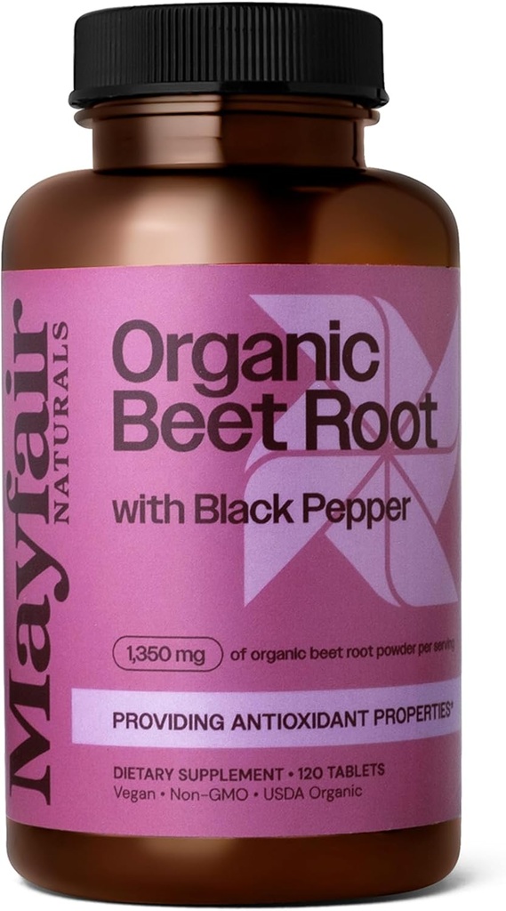 USDA Organic Beet Root with Black Pepper, 1350mg Organic Beet Root Powder, Suplemento dietético, 120 Tablets