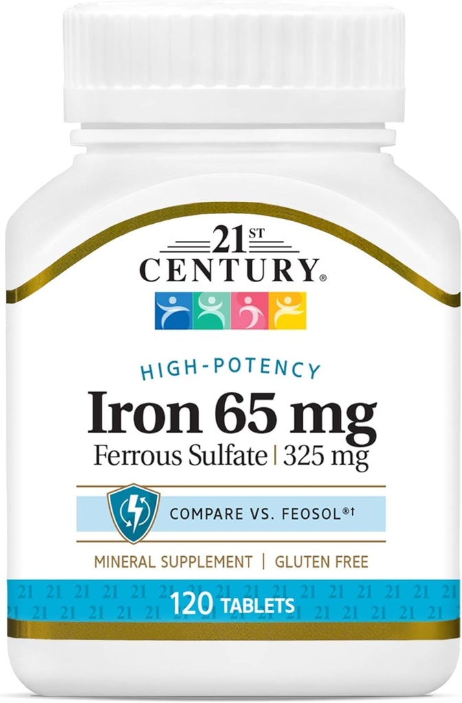 21st Century Iron 65 mg con Sulfato Ferroso 325 mg - 100 Tabletas, Pack de 3
