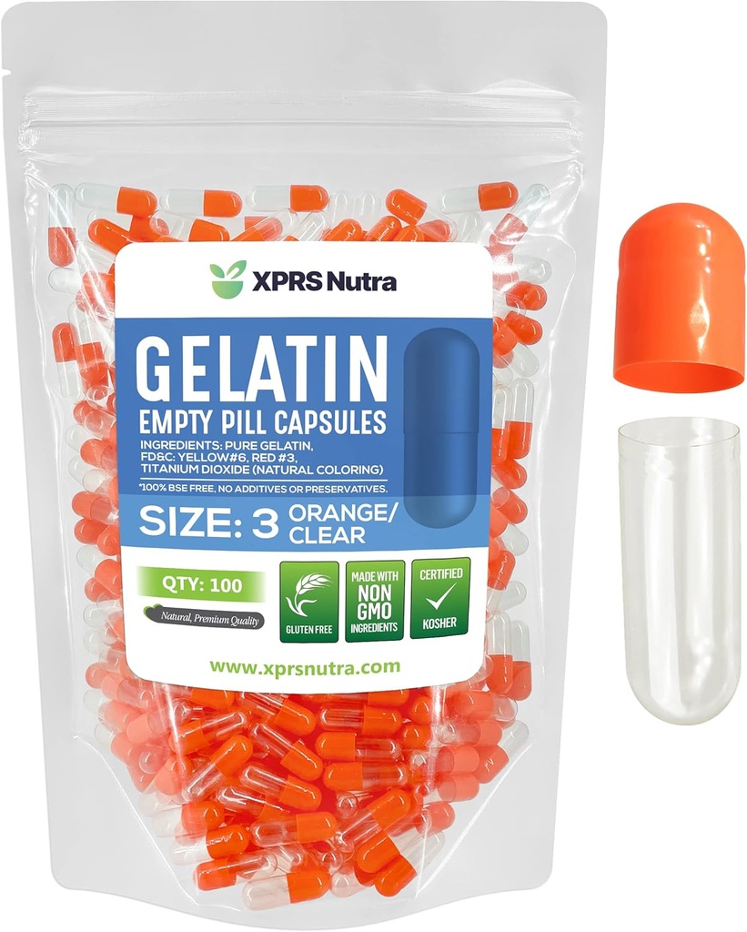XPRS Nutra Size 3 Empty Capsules - 100 Conde Empty Gelatin Capsules - Pills DIY Capsule Filling - Pure Bovine Pill Gel Caps Fillable for Do-It-youself Vitamins and Supplements (Orange/Clear)