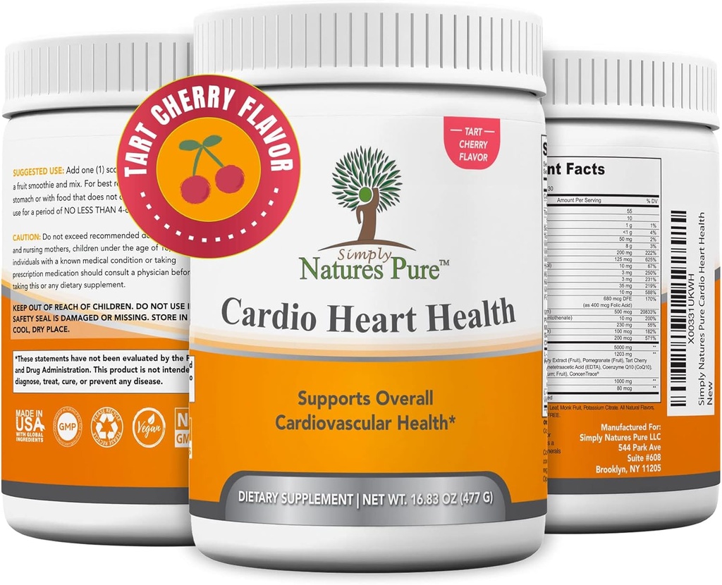 Simplemente Naturalezas Pura - Cardio Heart Health Nitric Oxide Booster Apoyo Suplemento Polvo con L-Arginina 5000 mg, L-Citrulline 1000 mg y Hawthorne Berry, 16.82 onzas - Tart Cherry Flavor