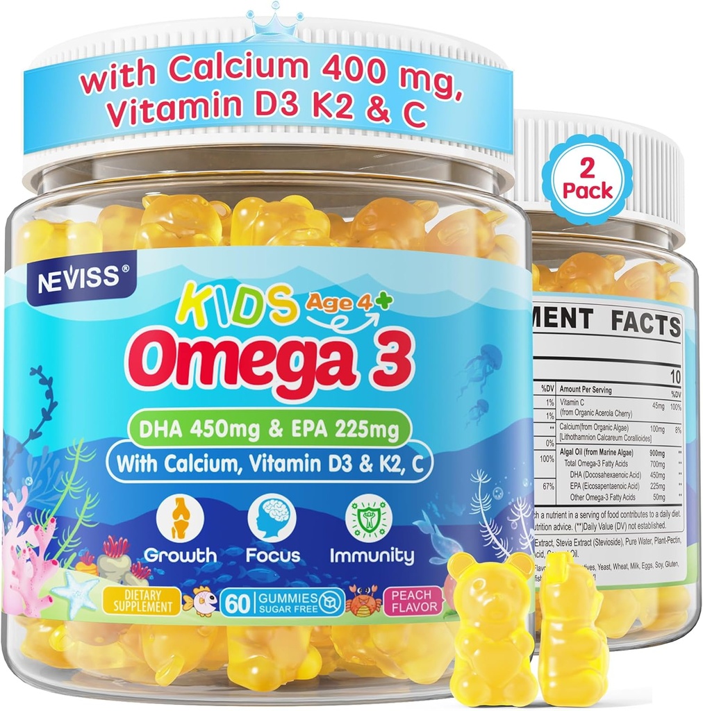 Niños Omega 3 Gummies + Calcio 400mg + Vitamin D3 K2 + C, Omega-3 DHA &amp; EPA Suplemento - No Fish Burps, No Sugar - Niños &amp; Adolescentes Omḛga 3 + Multivitamin Gummy para huesos fuertes, cerebro, inmuno, ojo, 2Pack