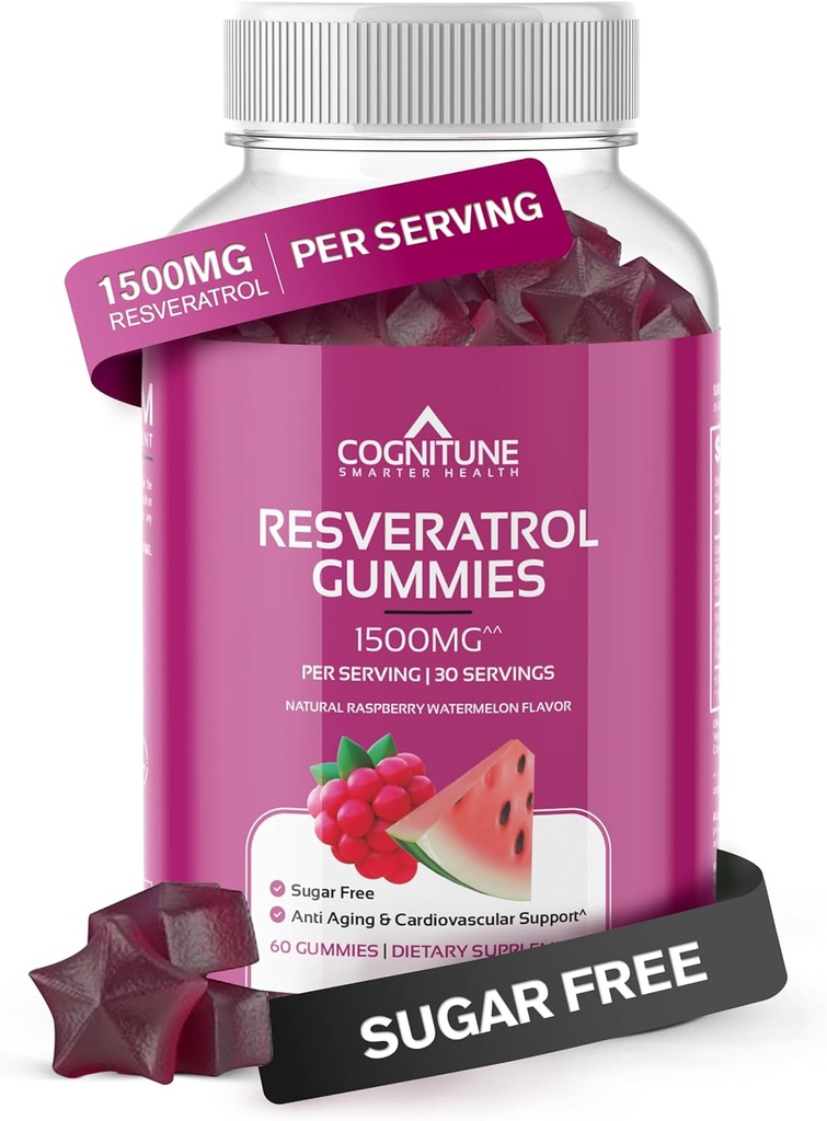 CogniTune Resveratrol Gummies – Sugar Free 1500mg Suplemento Antioxidante para el Corazón, Cerebro &amp; Soporte Inmunitario – Powerful Anti-Aging Trans Resveratrol Chews for Longevity & Wellness