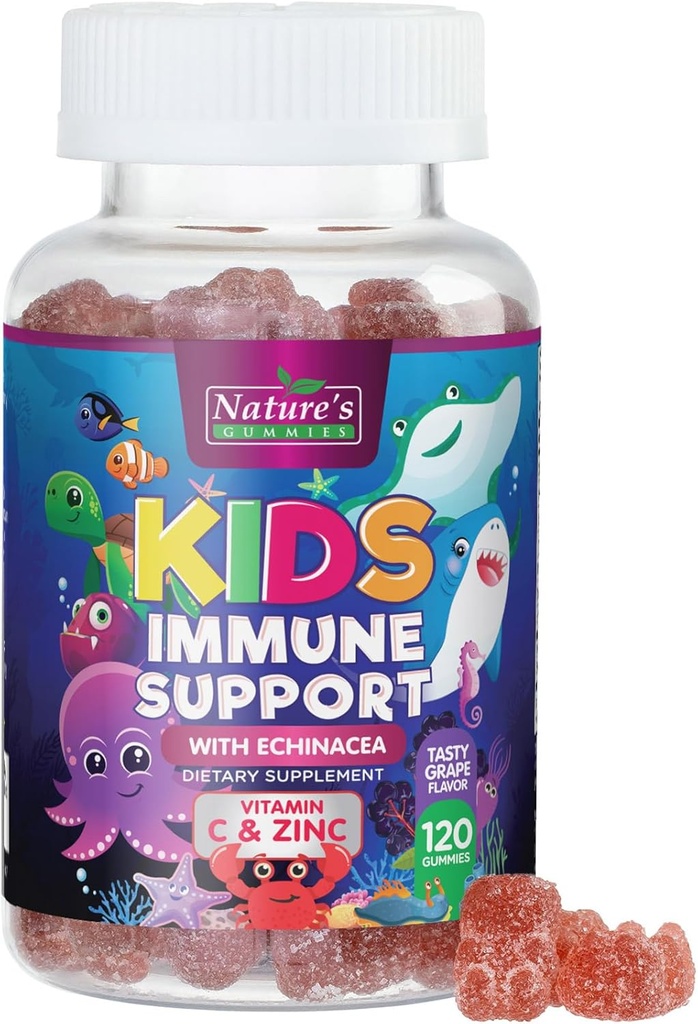 Niños de apoyo inmunológico Suplemento Gummies - Daily Childrens Vitaminas C, Zinc &amp; Echinacea - Gummy for Kids Immunity Support, Ages 4 and Up, Natural Berry Flavor, Non-GMO, Gluten-Free & Vegan - 120 Gummies