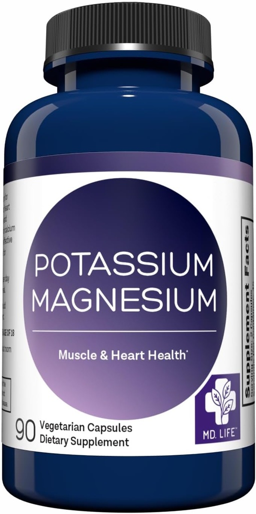 MD. Life Potassium Magnesium Supplement - 90 Capsules - Magnesium Potassium Supplement - High Absorption Complex - Support Vascular Health & Leg Cramp