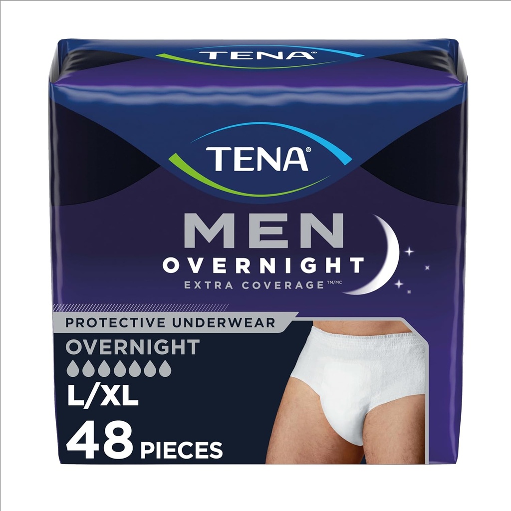 TENA Overnight Extra Coverage Incontinence Underwear for Hombre, Masculline Style and Discreet Cut Men's Underwear, Large/X-Large, 48 ct
