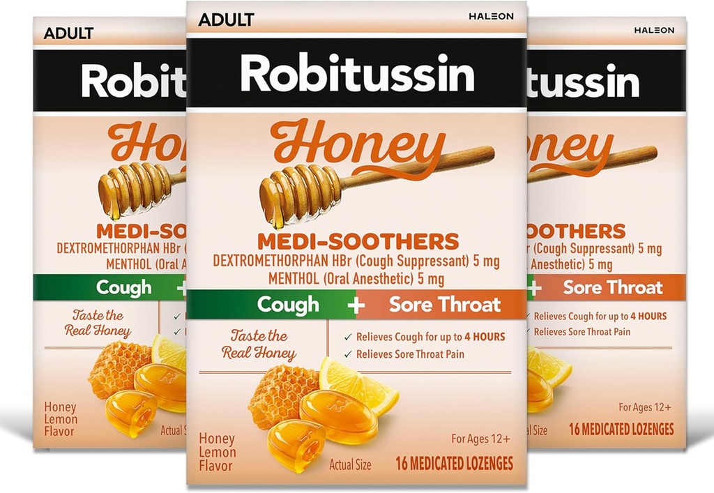 Robitussin Medi-Soothers Honey Lemon Throat Lozenges, Long-Lasting Cough + Sore Throat Pain Relief - 48 Cuenta (3 x 16ct Packs)