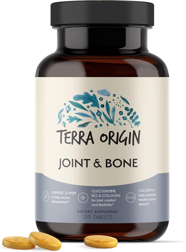 TERRA ORIGIN Joint and Bone Health ← 120 Tablets ← Calcum D3, Glucosamine, hyaluronic Acid, Collagen, Tumeric y Boron ← Flexibilidad y Movilidad