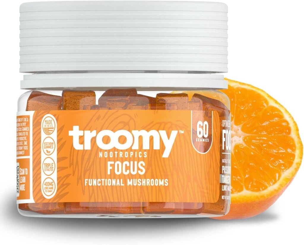 Troomy Lion's Mane Focus Gummies 60 cuenta - Tangerine natural y Passionfruit Flavor, Gelatin-Free, Gluten-Free, Vegetarian