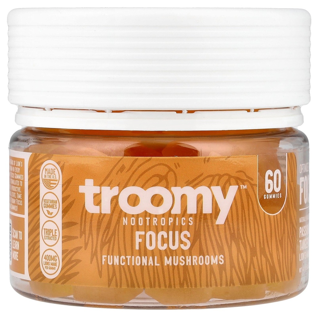 Troomy Lion's Mane Focus Gummies 60 cuenta - Tangerine natural y Passionfruit Flavor, Gelatin-Free, Gluten-Free, Vegetarian