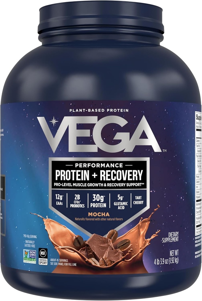 Vega Sport Vegan Protein Powder + Recuperación - 30g Plant Based Protein per Serving, Mocha, 45 Servings, 5g BCAAs, Probiotics, NSF Certified, for Shakes & Smoothies, 4.2lbs (Packaging May Vary)