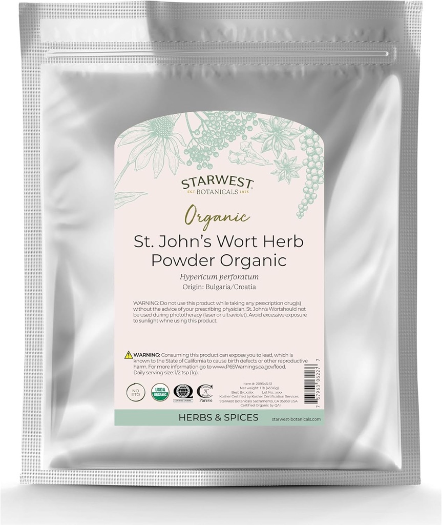 Botánicos más estrella del oeste Polvo orgánico de San Juan - Herb seco para té, hecho de la flor de hierba de San Juan, apoya la relajación, Kosher certificado, no GMO - Bulk 1 lb Bolsa