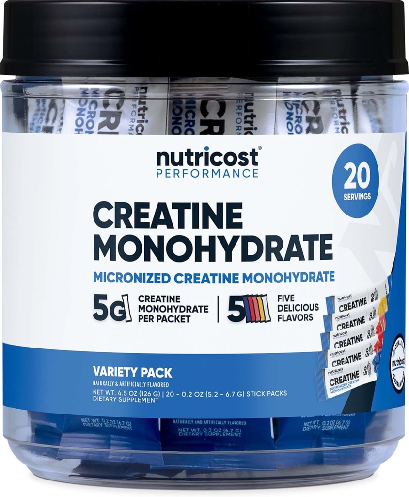 Nutricost Creatine Monohydrate Variedad Stickpacks (5 Sabores, 20 Servings) - Micronized, 5 Grams of Creatine Monohydrate Por Pack