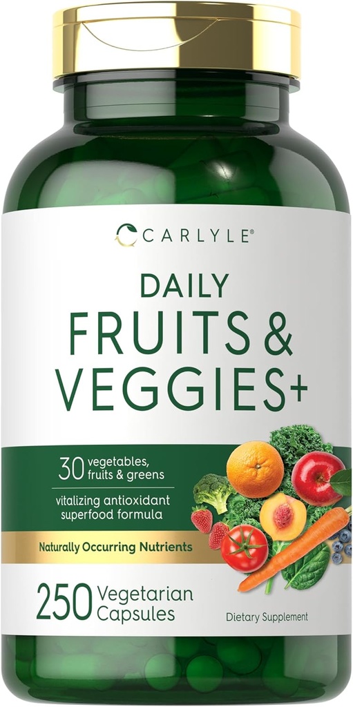 Carlyle Fruits and Veggies Supplement  250 Capsules ← Hecho con 30 Frutas y verduras  Vegetarian, Non-GMO, Gluten Free Superfood Formula
