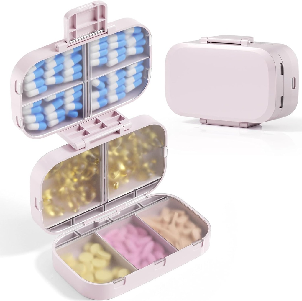 MEACOLIA Triple-Folding Pill Organizer, 9 Compartments Travel Pill Case with Large Capacity, Daily Pill Box Small Pill Container for Vitamin, Cod Liver Oil,Supplements (Beige)