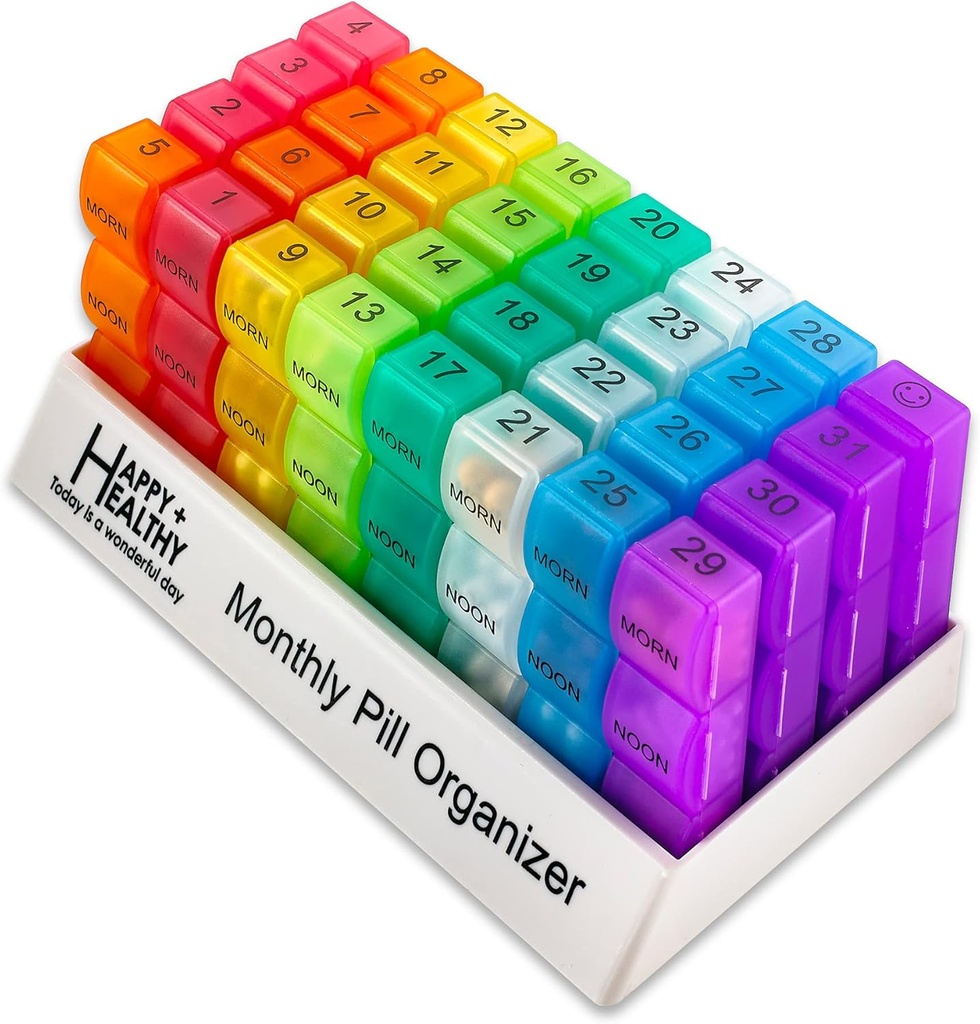 Month Pill Box Organizer - 3-Times-A-Day ← Morning-Noon-Night - 30 Day Pill Case with 32 Daily Compartments for Vitamins, Supplements, Medication - Travel Monthly Pill Organizer 3 Times A Day