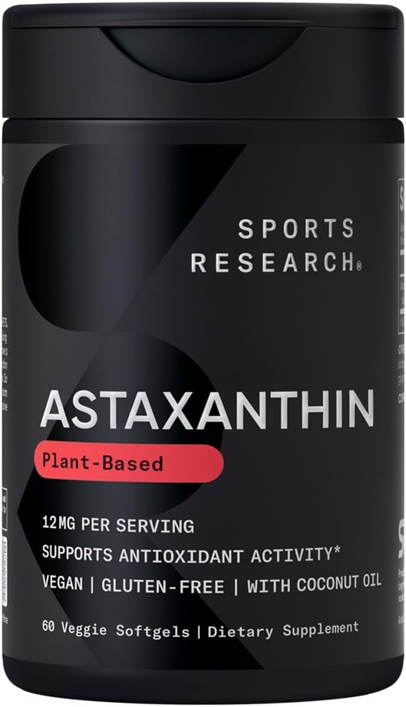Investigación Deportiva Triple Strength Vegan Astaxanthin Suplemento de Algae - Softgels de base vegetal para la actividad antioxidante, Skin &amp; Eye Health - Non-GMO Verified, Made with Coconut Oil - 12mg, 60 Cuenta