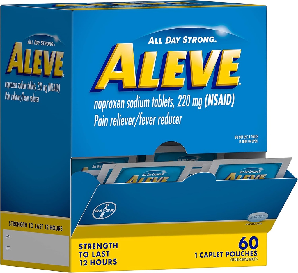 Aliviador de dolor de aleve &amp; Reductor de fiebre Naproxen Sodium Caplets, Cuerpo y Artritis Dolor de dolor, Medicina para adultos y niños Edades 12 y Arriba, 60 Pouches individuales