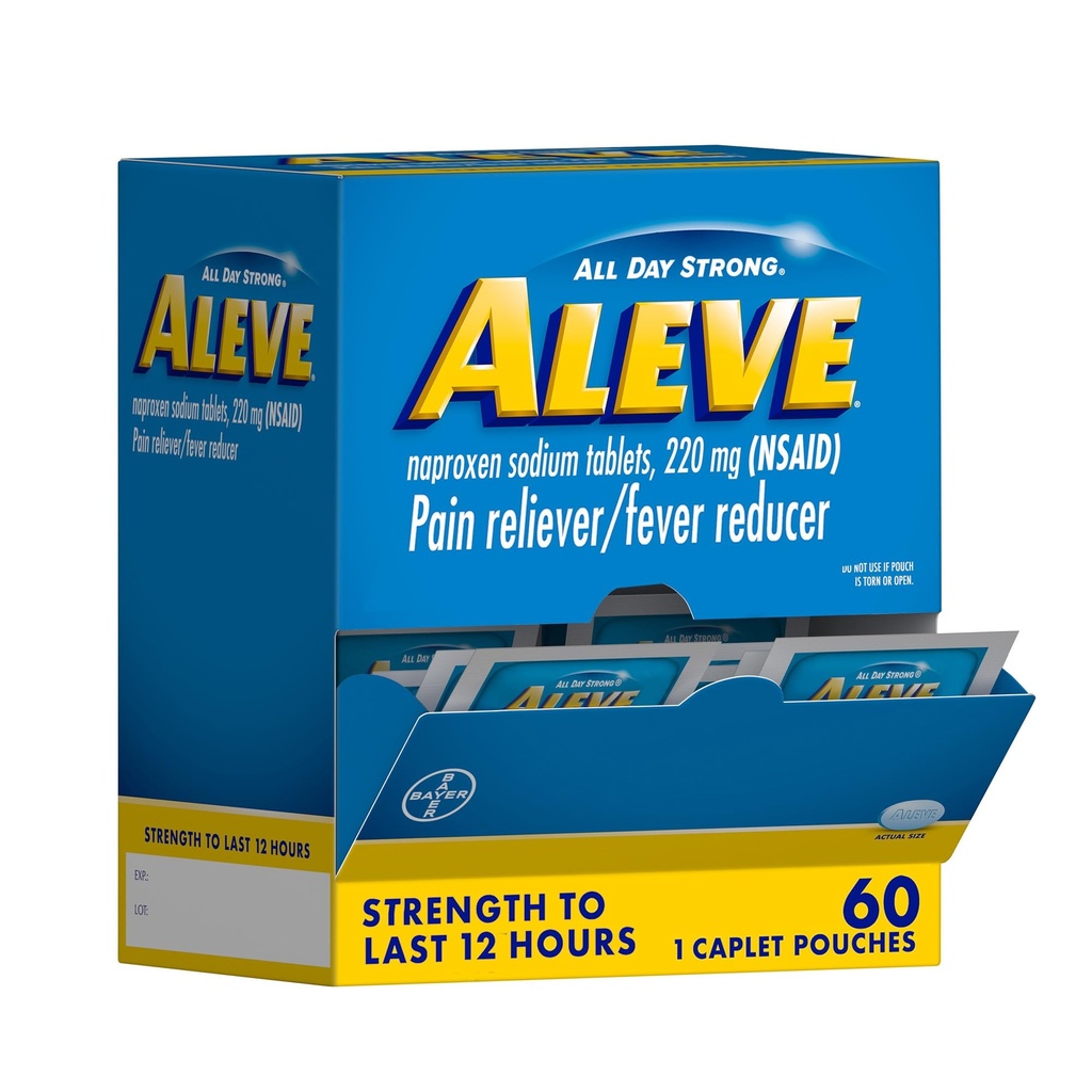 Aliviador de dolor de aleve &amp; Reductor de fiebre Naproxen Sodium Caplets, Cuerpo y Artritis Dolor de dolor, Medicina para adultos y niños Edades 12 y Arriba, 60 Pouches individuales