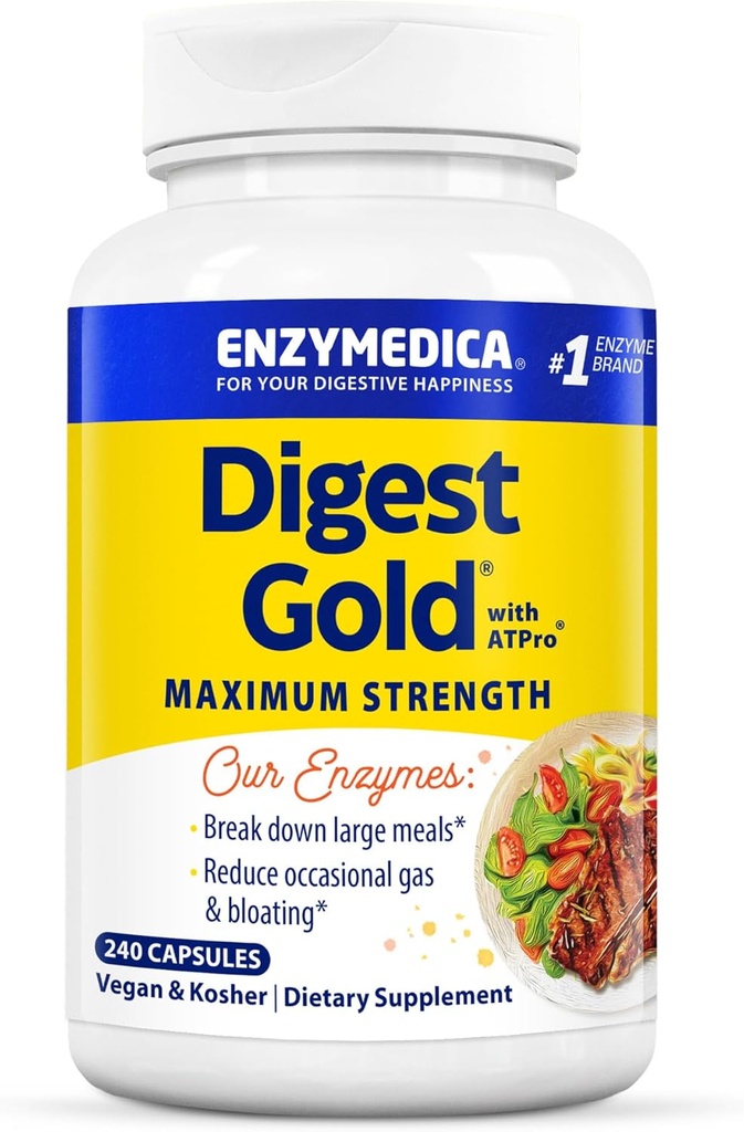 Enzymedica Digest Gold + ATPro, máxima fuerza, acción rápida, ayuda a reducir las grandes comidas, evita el soplado y el gas, 240 conde (FFP)