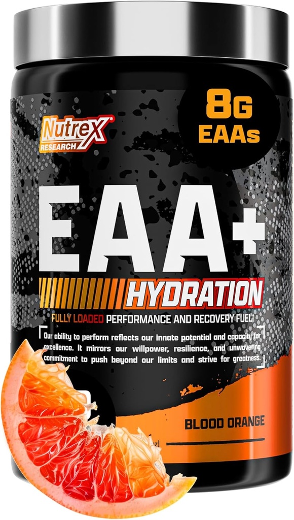 Nutrex Research EAA Hydration ← EAAs + BCAAs Powder  durable Muscle Recovery, Strength, Muscle Building, Endurance ← 8G Essential Amino Acids + Electrolytes  durable Blood Orange Flavor 30 Serving