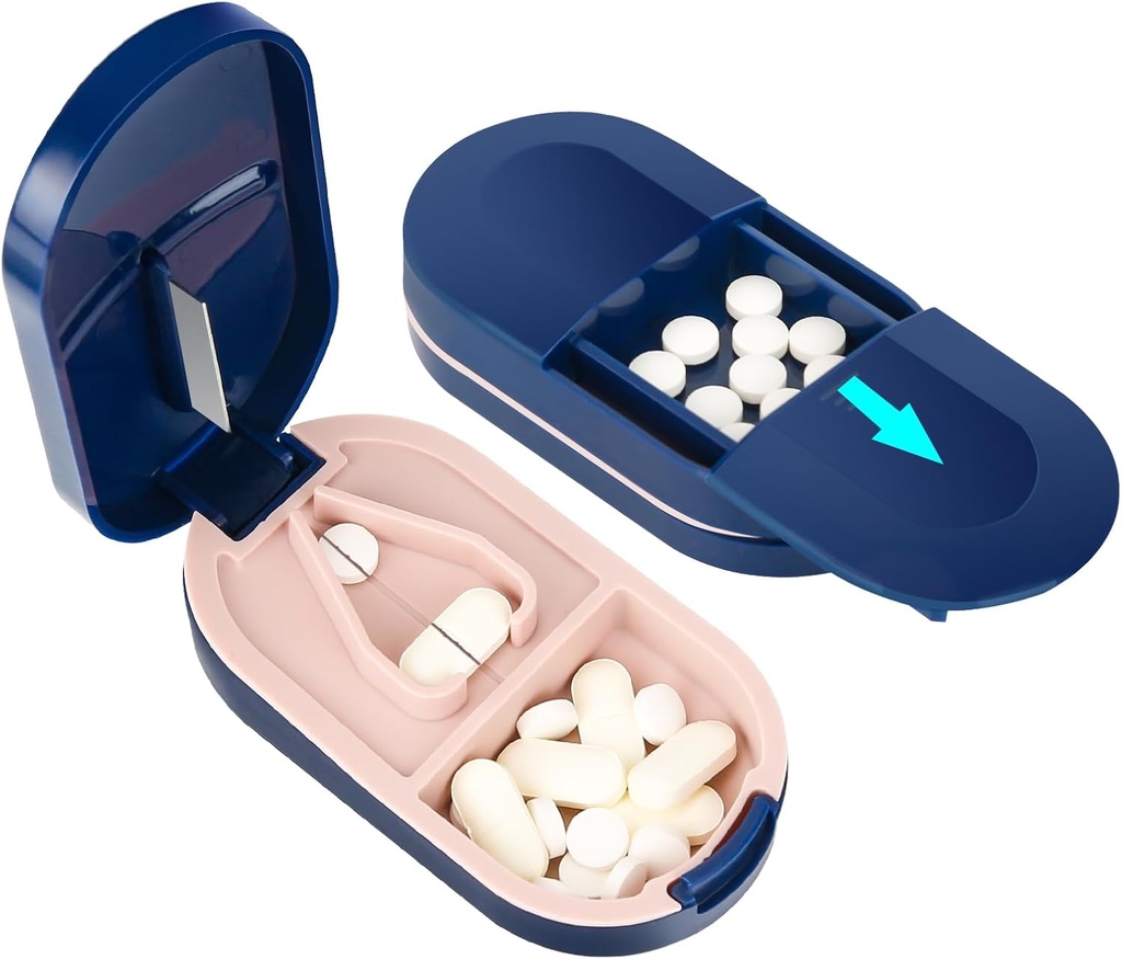 Funda de Píldora LEAFTOL, Funda de Píldora portátil de 2 en-1 con hoja de acero inoxidable, para tabletas de vitaminas pequeñas o grandes, Píldoras cortadas con el Compartimiento de Organizador Mini Píldora – Azul