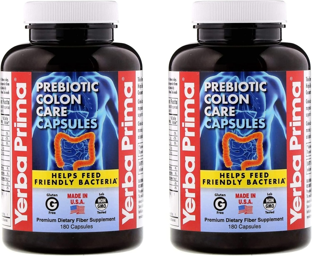 Yerba Prima Prebiotic Colon Care Capsules - 180 Conde (Pack of 2), Gluten Free, Proudly Made in The USA, Non-GMO, Soluble & Insoluble Fiber, admite un colon funcional saludable