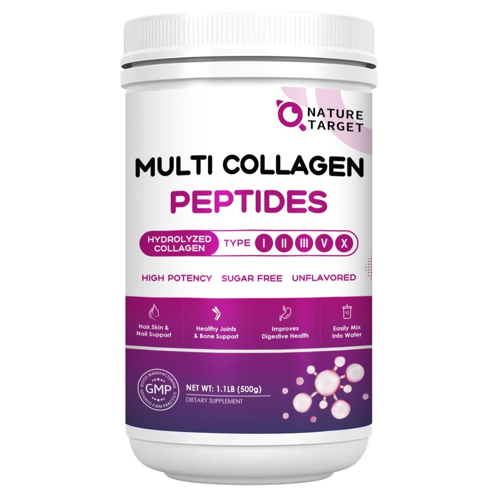 NATURE TARGET Multi Collagen Peptides Powder - Tipo I, II, III, V, X - Hidrolyzed Collagen Peptides with Vitamin C Hyaluronic Acid, Supports Skin Hair Nail & Joint, Grass-Fed, Non-GMO, 50 Servings