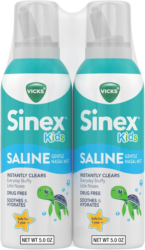 Vicks Sinex, Niños Saline Nasal Spray, Drug Free Ultra Fine Mist with Hint of Aloe, Edades 1+, Fast Everyday Stuffy Nose Relief for Kids, Clear Mucus from a Cold or Allergy, 5 OZ x 2