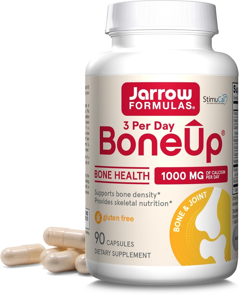 Jarrow Formulas BoneUp Three Por Day for Bone Density and Skeletal Nutrition, Incluye Vitamina D3, K2 (como MK-7) y Calcio, 90 cápsulas, 30 Day Supply