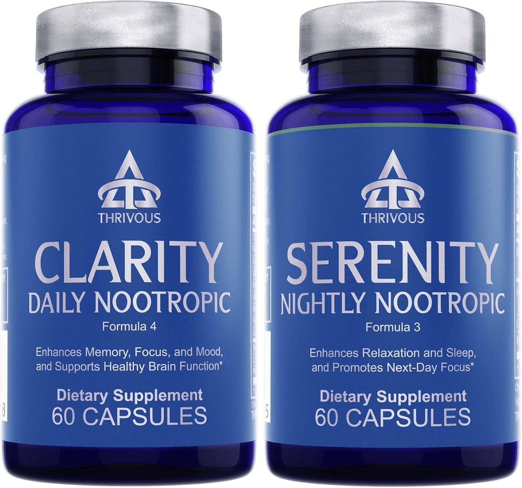 Thrivous Clarity & Serenity Stack – Day + Night Nootropic Bundle for Focus, Mood, Relax & Sleep Support – 120 Vegan Capsules