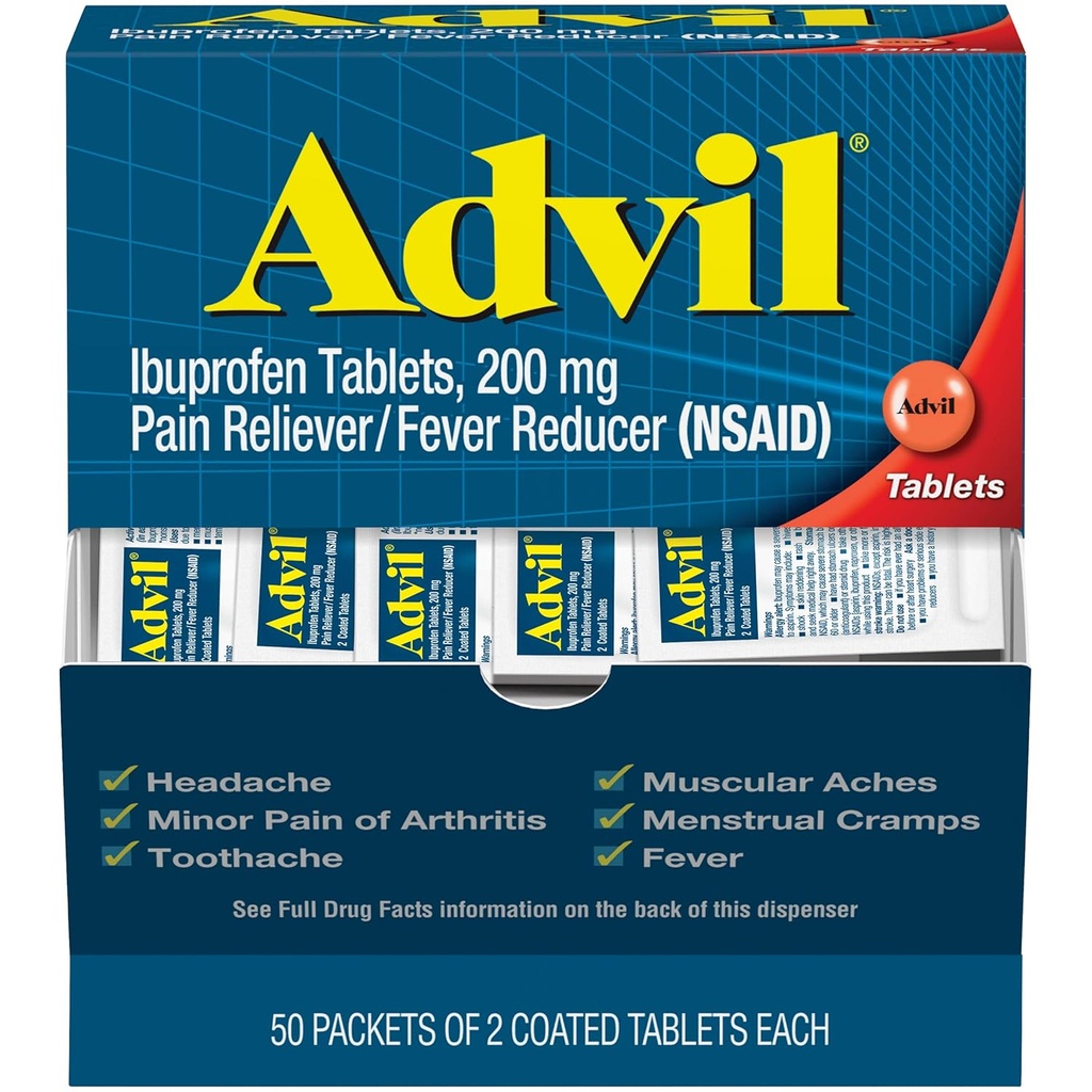 Ibuprofeno Advil, 200mg, 50 Packets de 2 Tabletas Coated (Pack of 2)