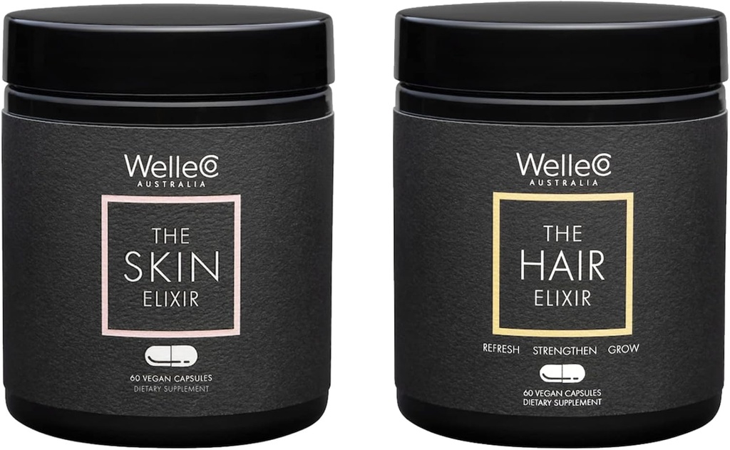 WelleCo, The Skin Elixir + The Hair Elixir, Vegan Beauty Supplements Bundle, Promotes Hair Growth " Reduce Breakage, Supports Healthy Skin " Collagen Formation, 60 cápsulas cada una
