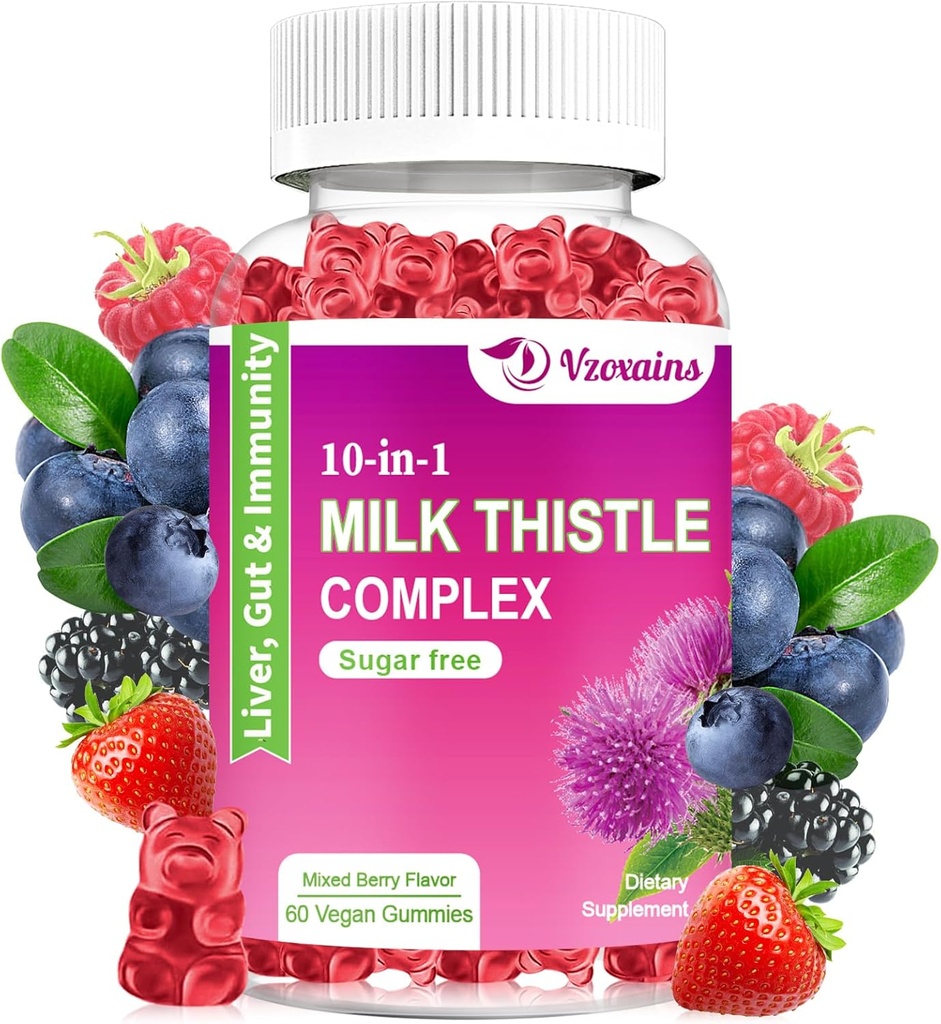 Milk Thistle Gummies, 10-in-1 Herbal Formula for Liver Cleanse Detox & Repair with Dandelion Root, Turmeric, Artichoke - Optimal Liver Function and Digestive Health - Mixed Berry Flavor