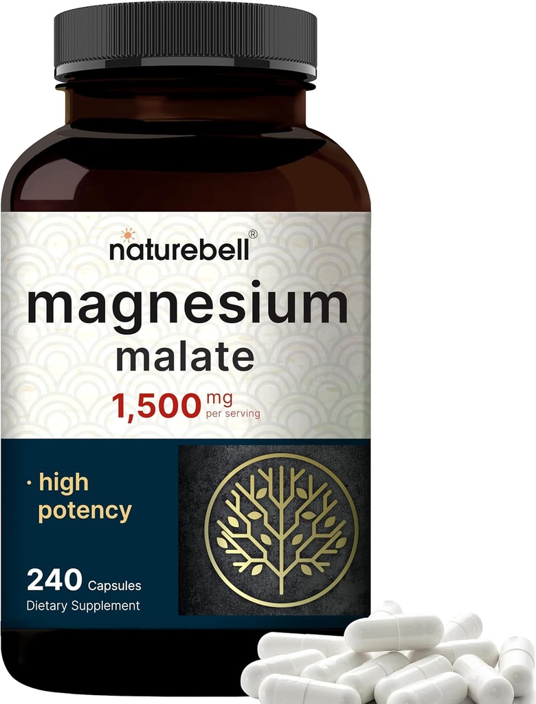 NatureBell Magnesium Malate 1,500mg, 240 Capsules | Chelated for High Absorption | Energy & Nervous System Support | Non-GMO, Gluten-Free