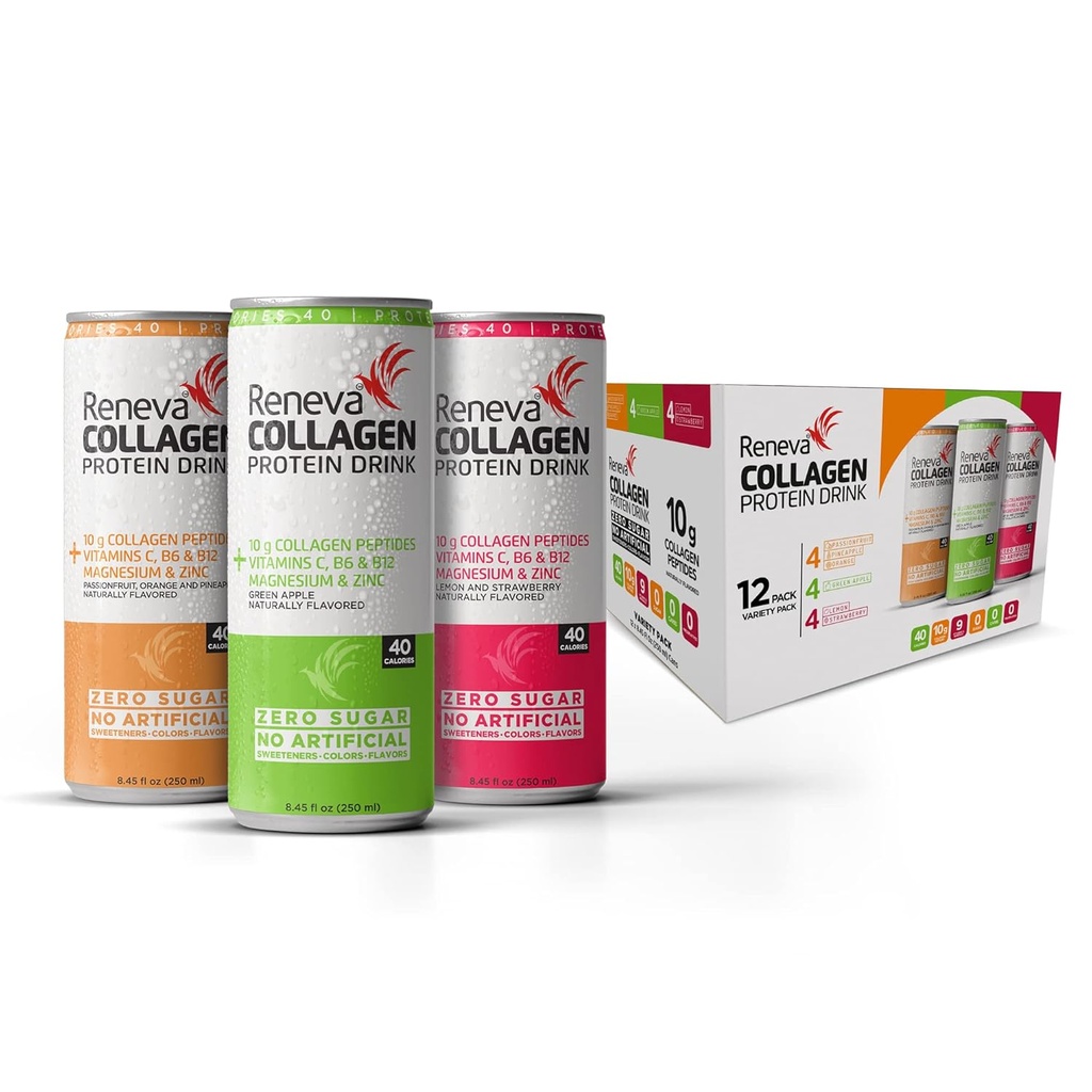 Reneva Collagen Protein Drink - 10g Collagen Peptides, Electrolytes, B-Vitamins, Zinc y Zero Sugar (Variety Pack)