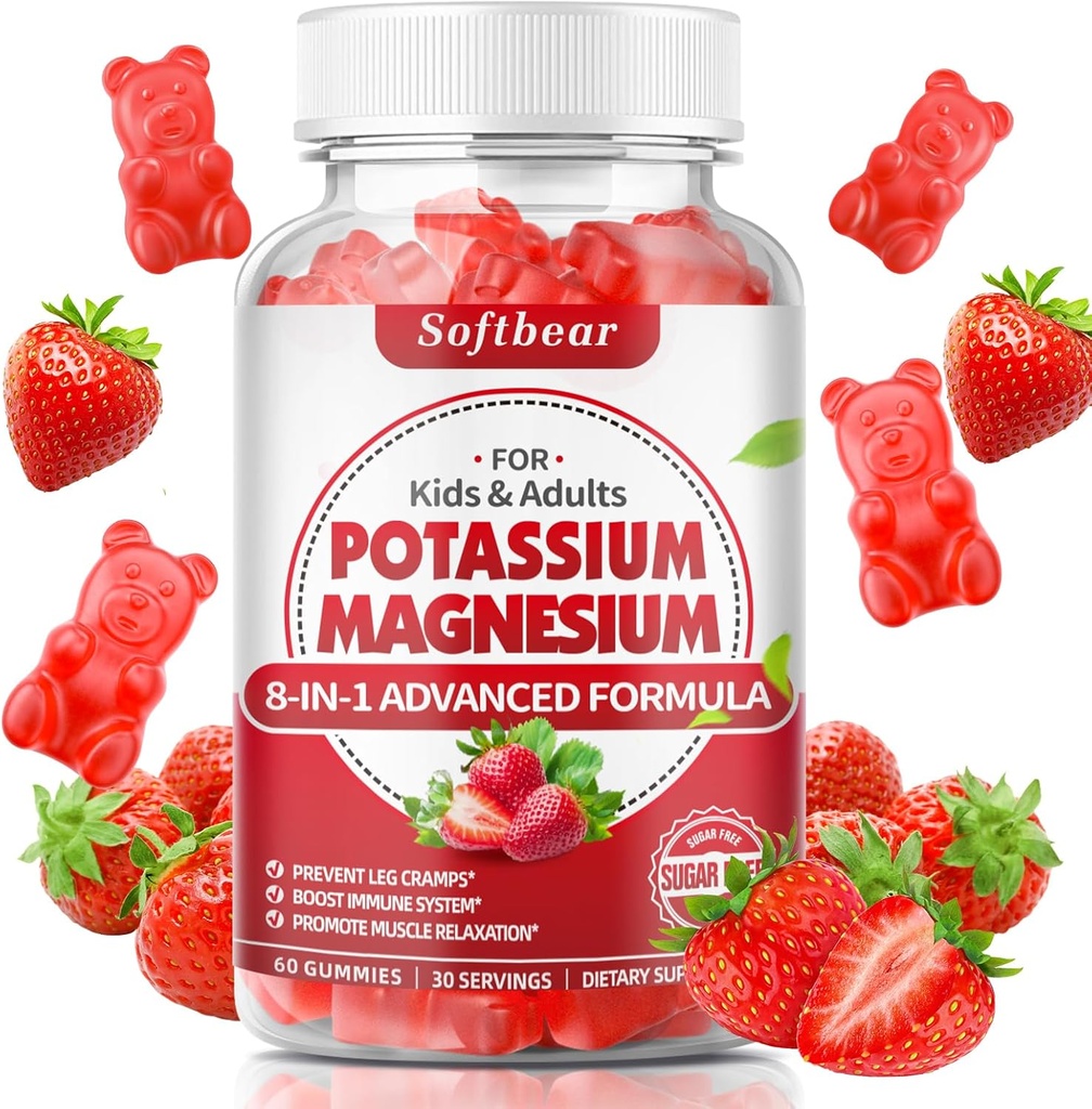 softbear Potasio Gummies para Adultos, Alta Absorción Magnesio Potasio Suplemento con Vitamina B6 para Leg Cramps &amp; Muscle Health Azucar-Free Vegan Strawberry 60 Gummies