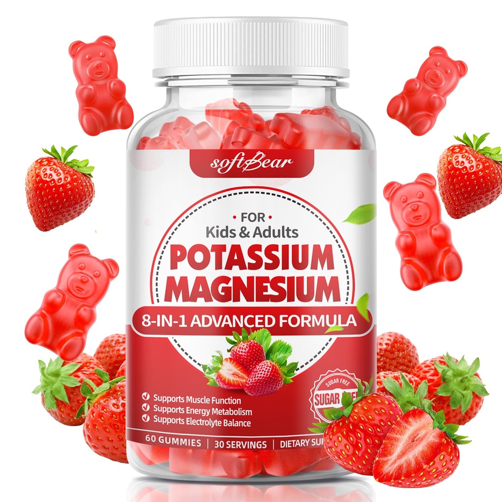 softbear Potasio Gummies para Adultos, Alta Absorción Magnesio Potasio Suplemento con Vitamina B6 para Leg Cramps &amp; Muscle Health Azucar-Free Vegan Strawberry 60 Gummies