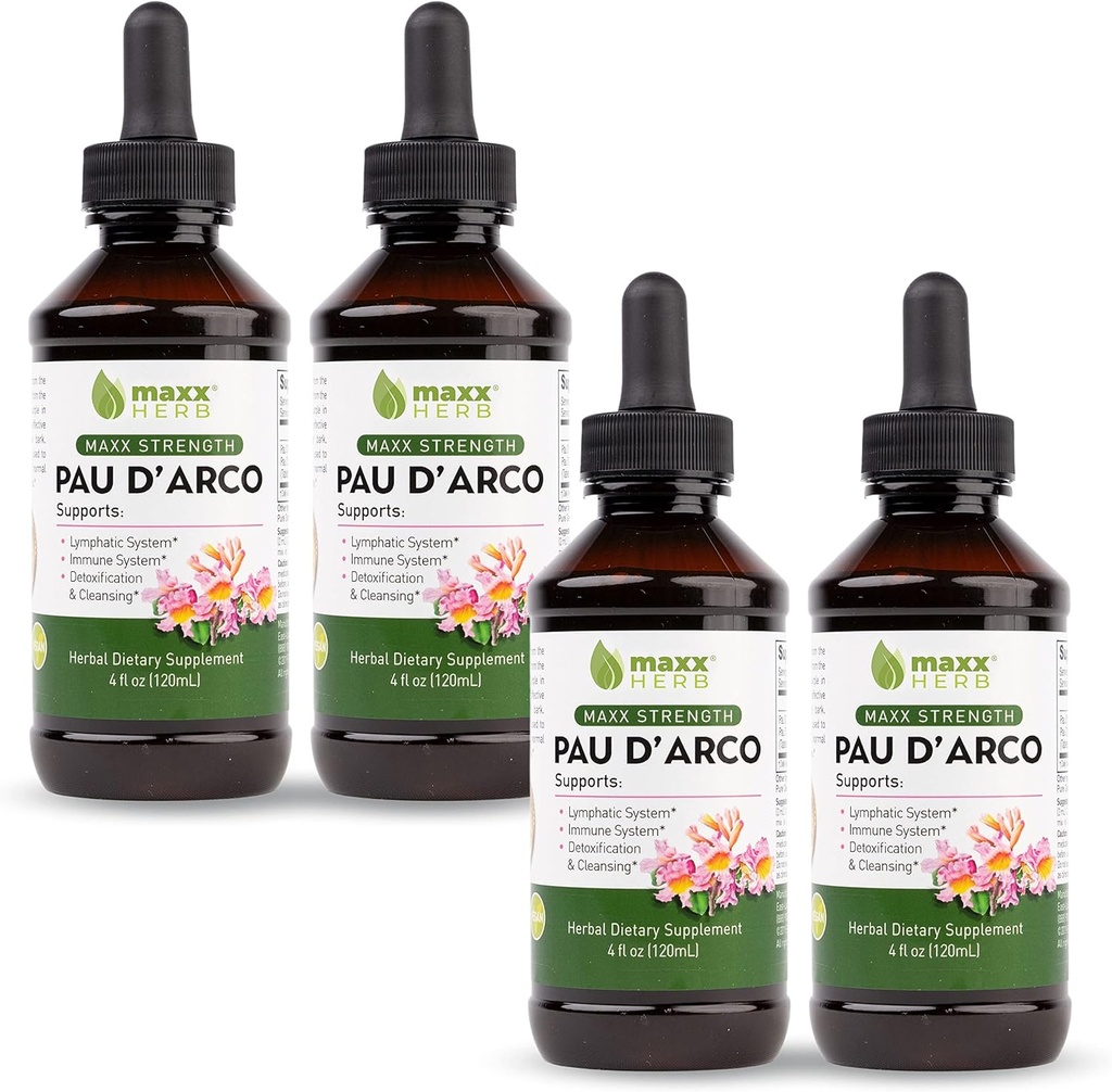 Maxx Herb PAU D'Arco Tincture - Max Strength PAU Darco Extracto para Immune Support, Taheebo Tea Inner Bark Absorbs Better Than PAU Darco Capsules – 4 Botellas, 4 Oz Cada (240 Servings)