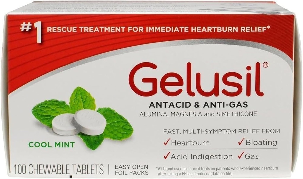 Gelusil Antacid " Anti Gas Tablets for Heartburn Relief, Acid Reflux, Bloating and Gas, Cool Mint - 100ct Blister Pack