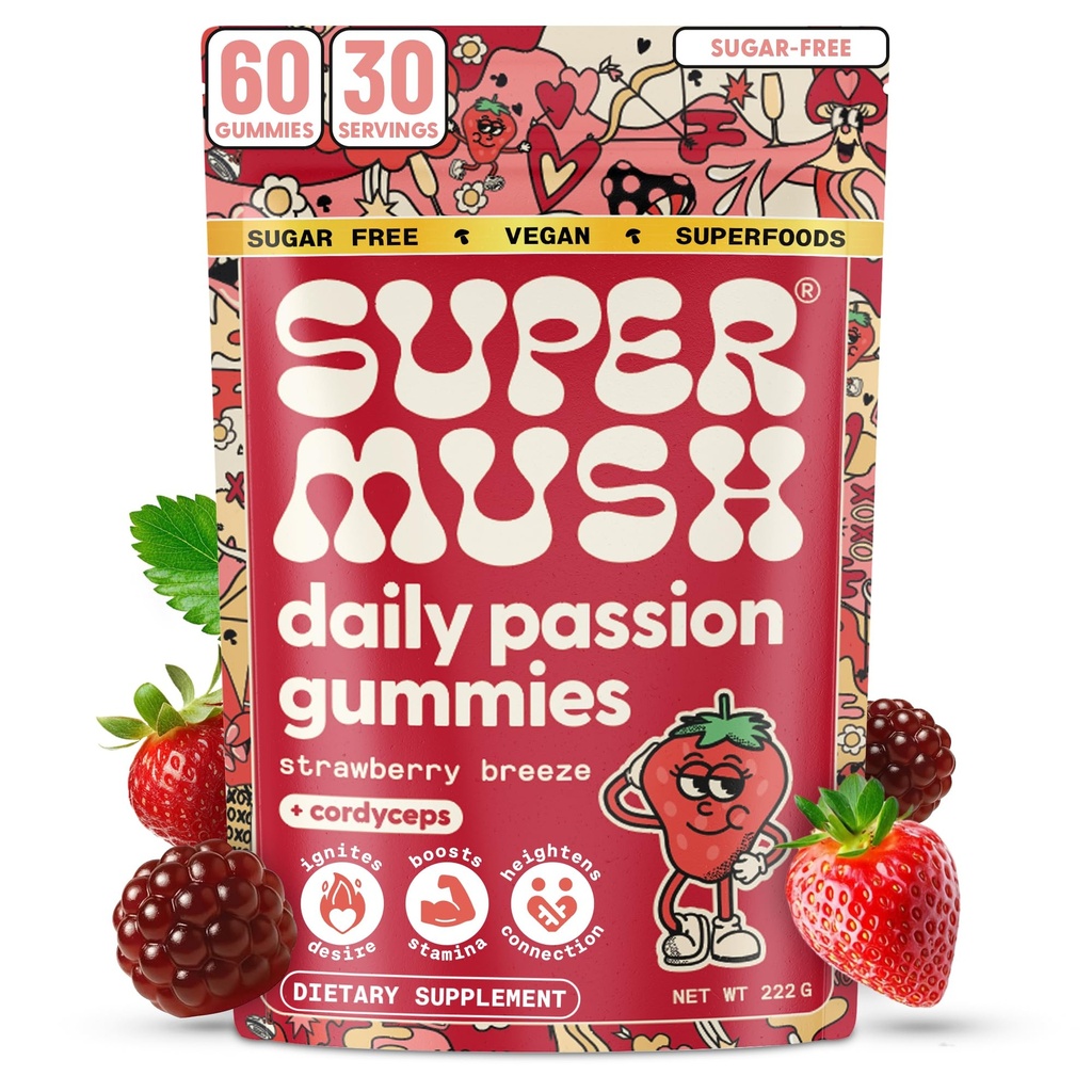 SuperMush Horny Goat Weed Gummies - Horny Goatweed for Men &amp; Women with Cordyceps, Reishi & Maca Root - Maximize Blood Flow, Ignite Feel-Good Vibes &amp; Lasting Energy